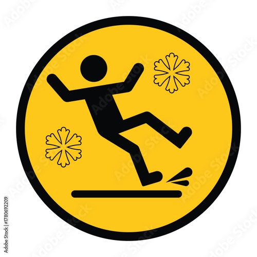 Circular yellow warning sign showing a person slipping on ice with snowflake icons. Symbol represents caution for icy or slippery surfaces, winter safety, and fall prevention awareness.
