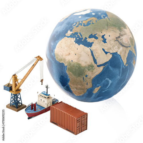 Global logistics and shipping operations visualized with a vibrant Earth, cargo ship, crane, and container, ready for international trade.