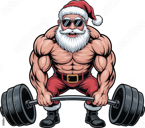 Muscular santa claus lifting barbell