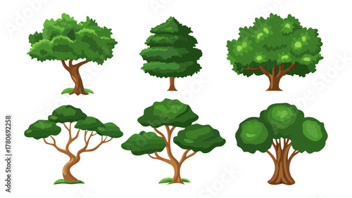 Diverse Tree Collection: A vibrant collection of trees, showcasing a variety of shapes and styles, bringing to life the diverse beauty of the natural world.