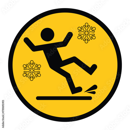Circular yellow warning sign showing a person slipping on ice with snowflake icons. Symbol represents caution for icy or slippery surfaces, winter safety, and fall prevention awareness.