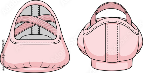 Pink ballet shoe front and rear view, elastic strap details, rounded toe, stitched heel, dance footwear, soft fabric, studio lighting