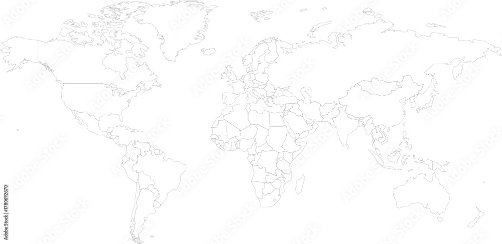 Fototapeta premium Vector political world map with thin country boundaries. Outline graphic for global business, geography, travel, and international concepts.