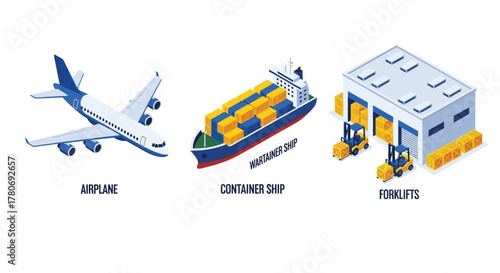 Illustrative depiction of global transportation methods airplane ship and logistics