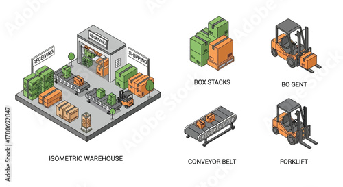 Isometric illustration of a warehouse with forklifts and cargo handling