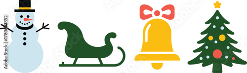 Christmas icons snowman, sleigh, bell, and tree