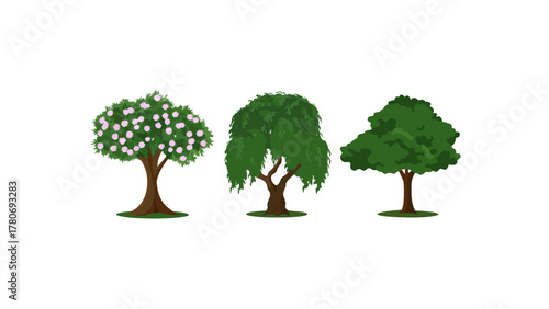 Diversity in the Forest: A trio of stylized trees stands side by side, showcasing variations in foliage and structure.