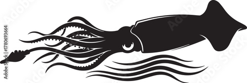 Silhouette of a majestic giant squid with wavy tentacles flowing in the water