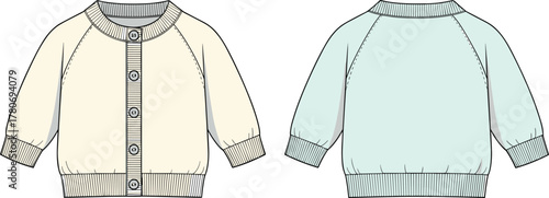 Baby cardigan front and back view, raglan sleeve sweater, toddler knitwear illustration, technical fashion sketch, garment template, sewing design