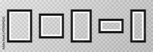 A set of black photo frames of various sizes on a transparent background. A realistic empty frame hanging on the wall. Blank PNG mockup.