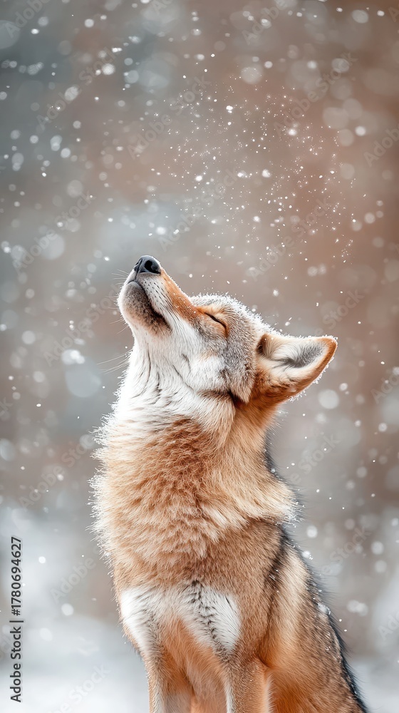 Obraz premium Wild wolf looking up at falling snow, celebrating winter's gentle touch on the pristine natural environment.