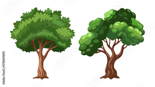 Green Canopies: Two stylized cartoon trees stand side by side, showcasing lush green foliage and sturdy brown trunks. It invites a sense of serenity.