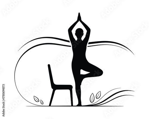 Silhouette of a person practicing yoga tree pose with a chair for support and decorative elements