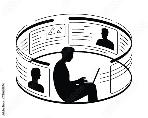 Silhouette of a person using a laptop in a futuristic immersive virtual reality environment with digital screens