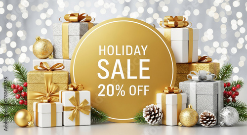 Christmas scene with elegant wrapped gifts, ornaments and a bright golden sign “HOLIDAY SALE 20%.” on shiny bokeh background. Winter festive sale concept.