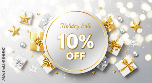 Christmas scene with elegant wrapped gifts, ornaments and a silver sign “HOLIDAY SALE 10%. OFF” on shiny bokeh background. Top view. Winter festive sale concept.