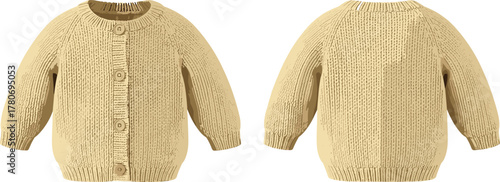 Beige, knitted, baby, cardigan, front, back, view, ribbed, collar, cuffs, hem, textured, cozy, warm, garment, fashion, infant, clothing, handmade, wool