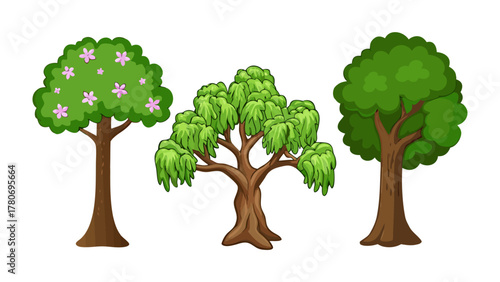 Varied Trees: Three illustrated trees showcases the diversity in plant forms, from lush to elegant, their branches and leaves offer a charming aesthetic