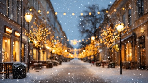 Wallpaper Mural Festive golden lights illuminating snowy city street at night Torontodigital.ca