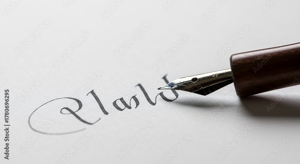 Fototapeta premium Elegant Fountain Pen Inking the Word Plastic on White Paper.