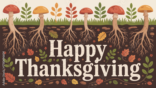 Happy thanksgiving greeting with stylized mushrooms and autumn leaves growing from roots in the soil