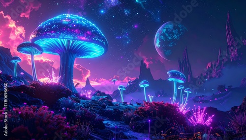 Neon fantasy landscape luminous mushrooms glow beneath a vibrant cosmic sky, planet hangs in the background