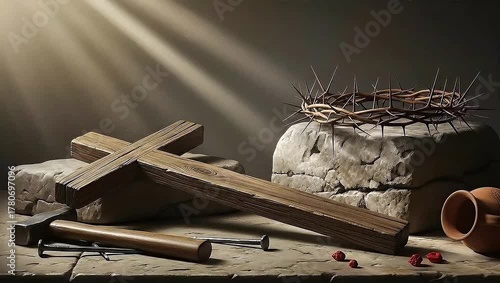 Still life of Passion of Christ symbols a wooden cross, crown of thorns, nails, and a hammer under a divine beam of light.