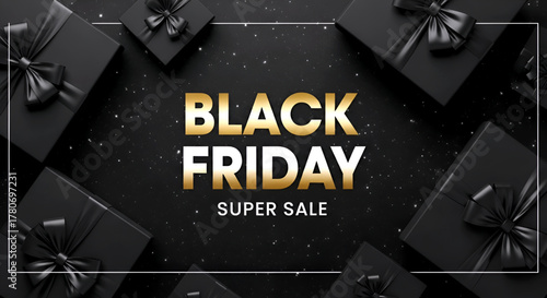 Black Friday Super Sale. Realistic black gifts boxes. Pattern with gift box. Dark background golden text lettering. Horizontal banner, poster, header website. vector illustration 