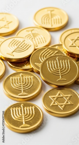 Close-up of golden Hanukkah gelt coins scattered on a white surface. The coins are embossed with traditional symbols like the menorah. This image is perfect for holiday cards and designs.