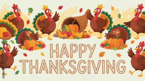 Happy thanksgiving greeting with cartoon turkeys cornucopia pumpkins and autumn leaves