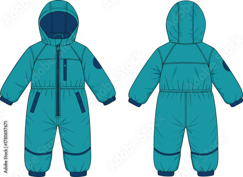 Children's teal snowsuit, winter outerwear, hooded jumpsuit, insulated toddler clothing, cold weather gear, fashion garment, technical sketch, apparel design