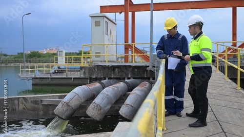 Engineers inspecting and discussing processes at a wastewater treatment plant focused on purification, recycling, and clean water reuse for sustainable industrial water management.