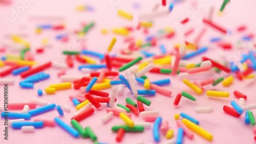 Vibrant sprinkles slowly descend on pink surface, evoking feelings of joy and celebration while providing visually appealing spectacle