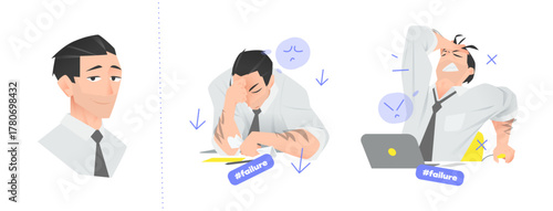Cartoon Office Character: White Male in Shirt and Tie Showing Frustration and Disappointment. Bust View and Two Expressive Scenes with Icons and Emotional 