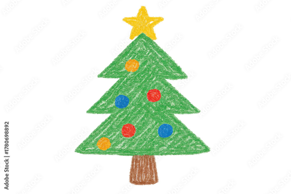 Fototapeta premium Christmas tree drawing celebrating holiday season with crayon art style and decorative star on transparent background