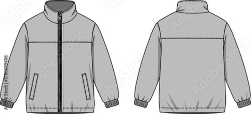 Technical jacket sketch, front and back view, high collar, zipper closure, elastic cuffs, welt pockets, fashion template, garment illustration, apparel design