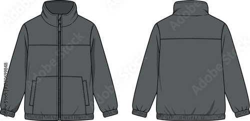Dark gray technical jacket, front and back view, high collar, zipper closure, elastic cuffs, fashion sketch, garment design, outerwear template