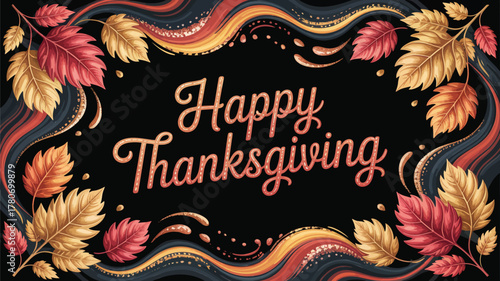 Elegant happy thanksgiving text with autumn leaves and swirling decorative elements on a black background