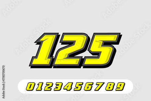 Bold Yellow Racing Number 125 with Outline and Shadow Effect EPS 10