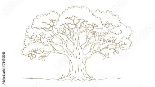 The Majesty of the Oak: An illustrated oak tree, showcasing the intricate details of its expansive branches and robust trunk. Embodying strength and longevity.