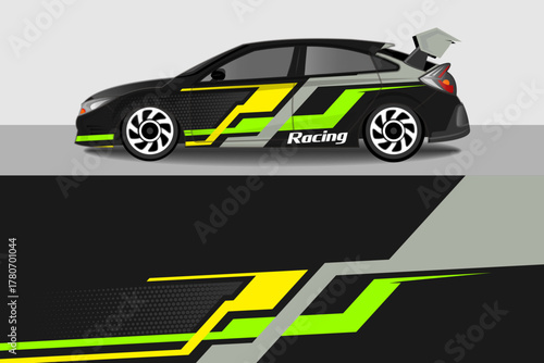 Sport Car Racing Livery Design with Abstract Geometric Green and Yellow Graphics EPS 10