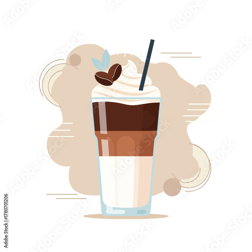 Iced mocha topped with whipped cream and coffee beans in glass  