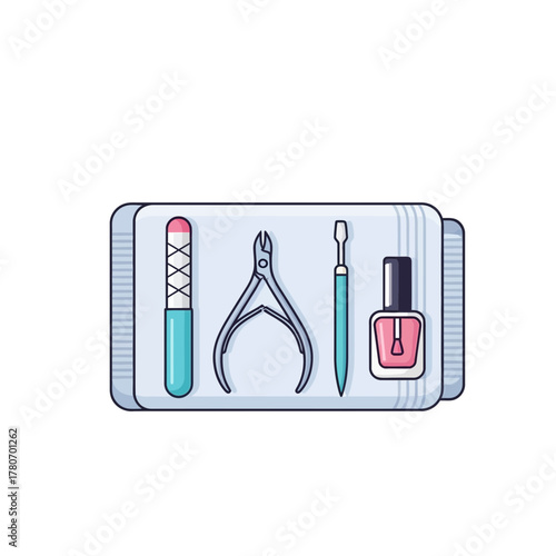 Manicure tools arranged on a towel in colorful illustration style  