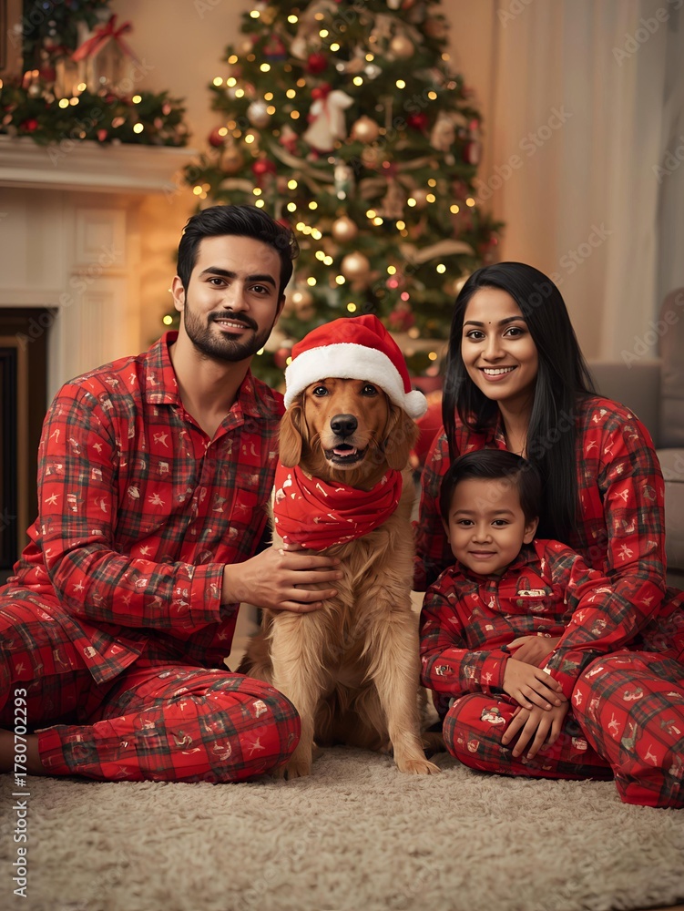 Obraz premium Happy family in matching Christmas pajamas with dog by decorated Christmas tree