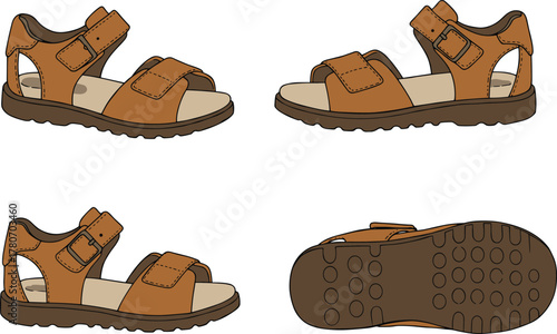 Brown rugged sandal, outdoor footwear, Velcro straps, durable sole, hiking sandal, men's casual shoe, comfort design, top bottom side view