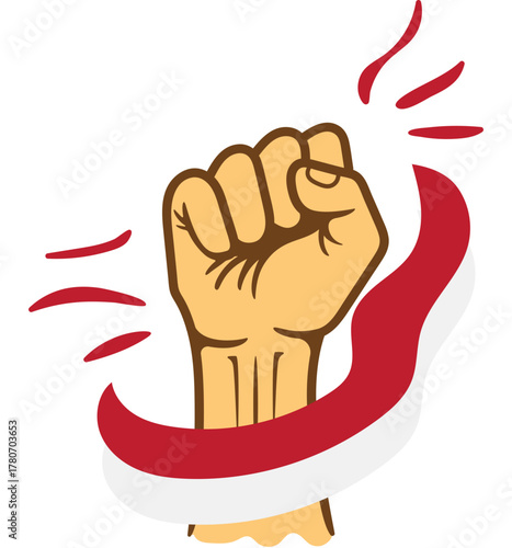 Hand clenched holding flag or ribbon red white 