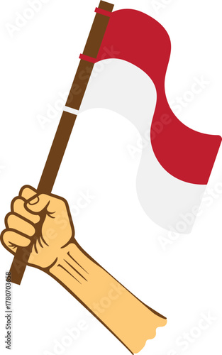 Hand clenched holding flag or ribbon red white 
