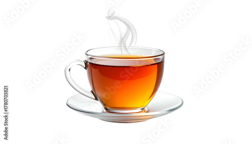 Transparent glass teacup filled with amber liquid emits rising steam against a dark backdrop