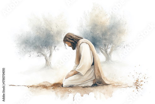 Jesus Christ Praying in Garden of Gethsemane Watercolor Illustration Isolated on White Background