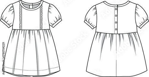 Girl's dress technical sketch, front and back view, puff sleeve, gathered skirt, fashion flat, sewing pattern, garment illustration, apparel design